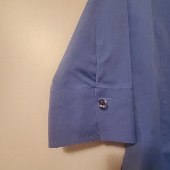 FOXCROFT Blue Women's Button Down Shirt Blouse V Neck Collared 3/4 Sleeves sz 12 - Picture 3 of 8